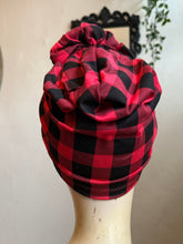 Load image into Gallery viewer, Mannequin head wearing a red buffalo check turban with a neutral background