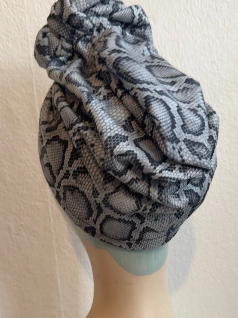 50% OFF SALE ITEM: Grey Snake Print(Full Coverage) 1940s Style Pre-tied Turban with Small Knot