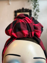 Load image into Gallery viewer, Mannequin head wearing a red buffalo check turban with a neutral background