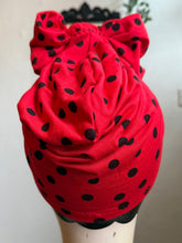 Load image into Gallery viewer, Mannequin head wearing a red polka dot turban with a neutral background