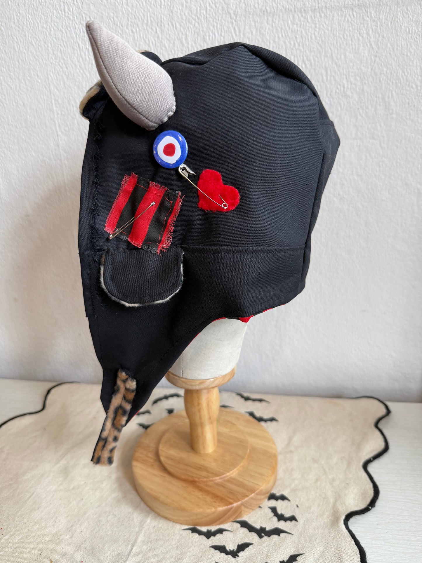 Black/Red Stripe - Horned Aviator Cap