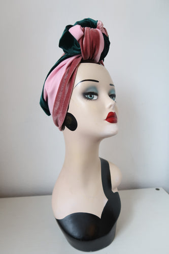CUSTOM KNOT in Pink & Green (Full Coverage) 1940s Style Pre-tied Turban
