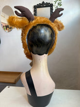 Load image into Gallery viewer, Fawn headpiece. Mannequin head with a deer-like costume in a decorative setting with mushrooms and plants.