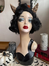 Load image into Gallery viewer, Mannequin head with black wig, red lipstick, and leopard devil horns against a neutral background.
