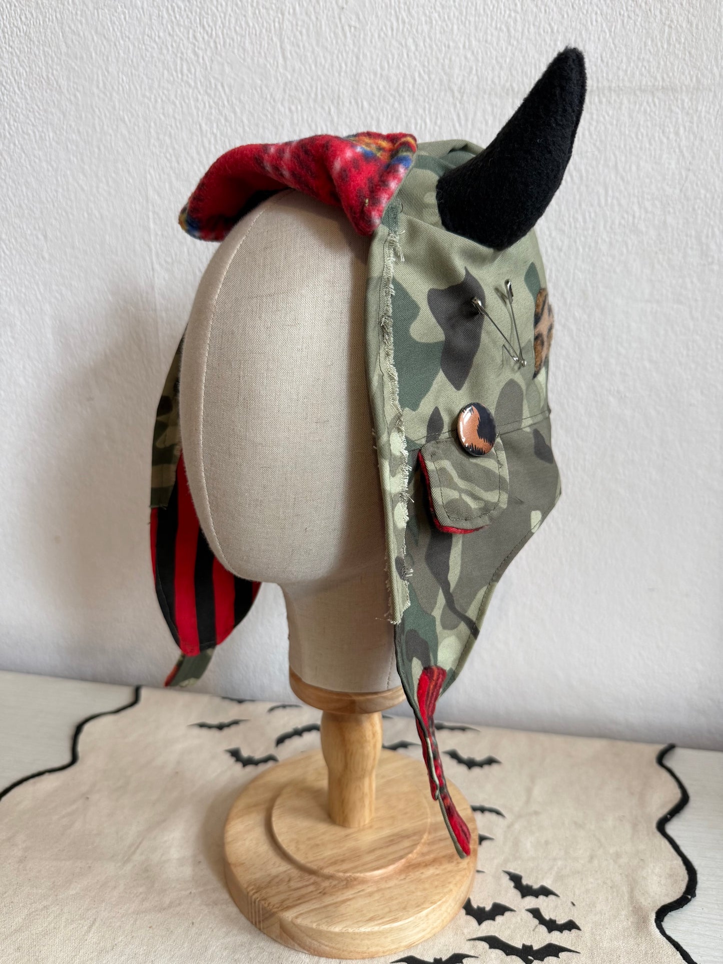 Green Camo/Red Stripe - Horned Aviator Cap