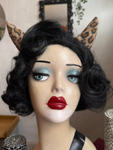 Load image into Gallery viewer, Mannequin head with black wig, red lipstick, and leopard devil horns against a neutral background.