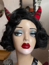 Load image into Gallery viewer, Mannequin head with black wig, red lipstick, and red devil horns against a neutral background.