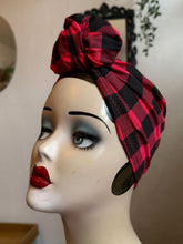 Load image into Gallery viewer, Mannequin head wearing a red buffalo check turban with a neutral background