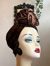 Load image into Gallery viewer, Mannequin head wearing a brown velvet turban with a neutral background
