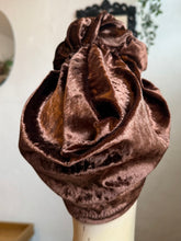 Load image into Gallery viewer, Mannequin head wearing a brown velvet turban with a neutral background