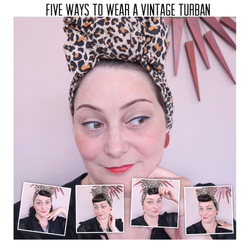 Woman wearing a 1940s style vintage leopard print turban