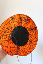 Load image into Gallery viewer, Mini Witch Hat Fascinator (bright orange spiderweb)