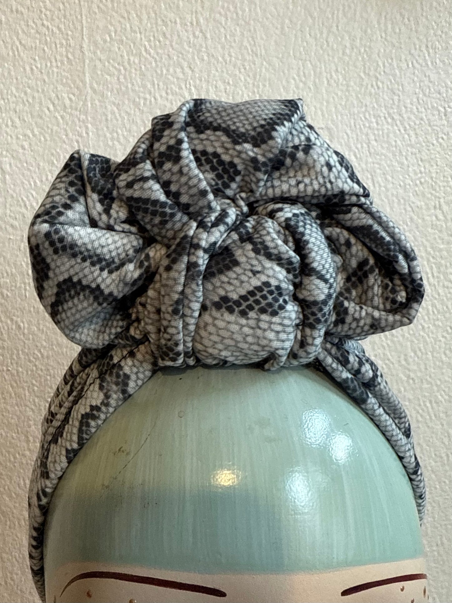 50% OFF SALE ITEM: Grey Snake Print(Full Coverage) 1940s Style Pre-tied Turban with Small Knot