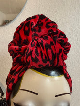 Load image into Gallery viewer, Red leopard print headband on a display head with tattoos 