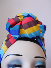 Load image into Gallery viewer, SMALL KNOT Vintage Style Pre-tied Headband in Autumn Stripes