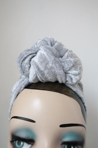 SALE ITEM: Sliver Crushed Velvet Vintage Style Pre-tied Headband, Small Knot