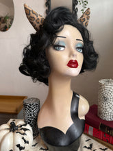 Load image into Gallery viewer, Mannequin head with black wig, red lipstick, and leopard devil horns against a neutral background.