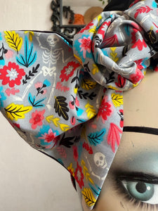 Mannequin head with Floral skeleton halloween print headscarf bandana 