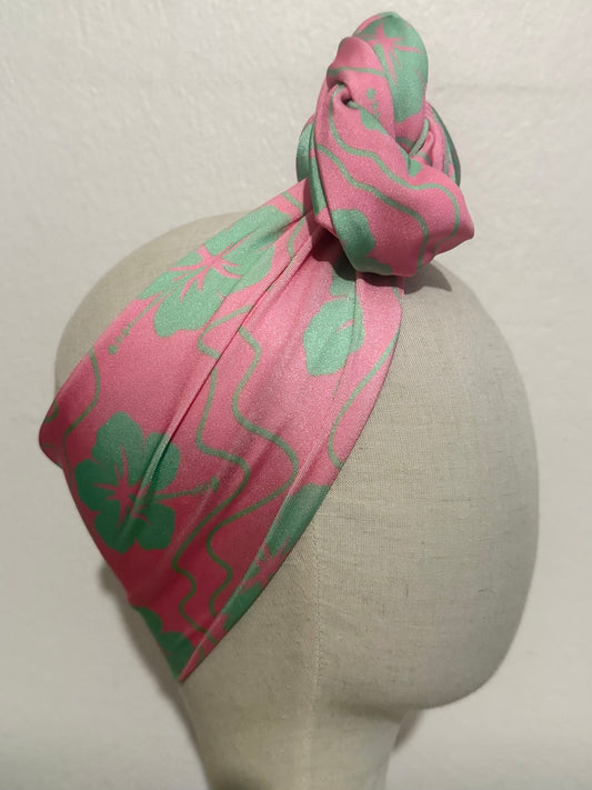 50% OFF SALE ITEM: Vintage Style Pre-tied Headband in Pink & Green Hibiscus Print