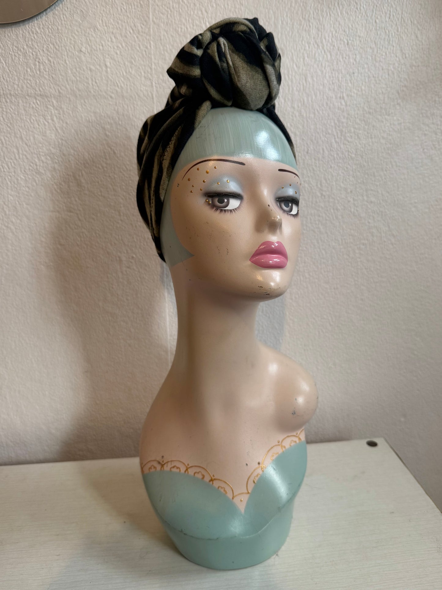 50% OFF SALE ITEM: Black/Green/Grey Stripe (Full Coverage) 1940s Style Pre-tied Turban with Small Knot
