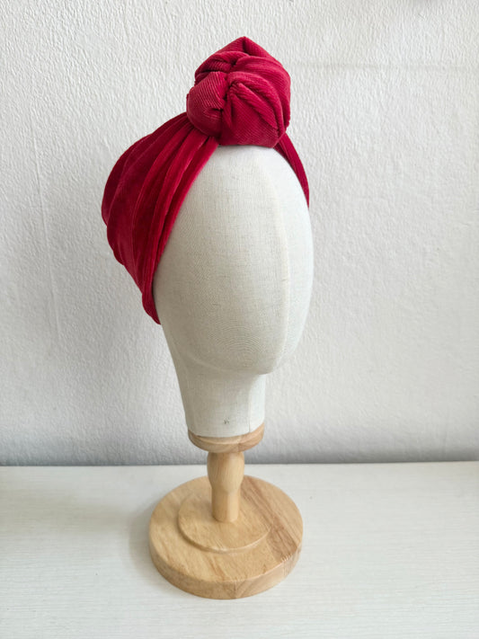 SALE ITEM: Red Corded Velvet Vintage Style Pre-tied Headband with Small Knot