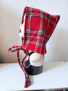 Red tartan pixie hood bonnet winter hat 