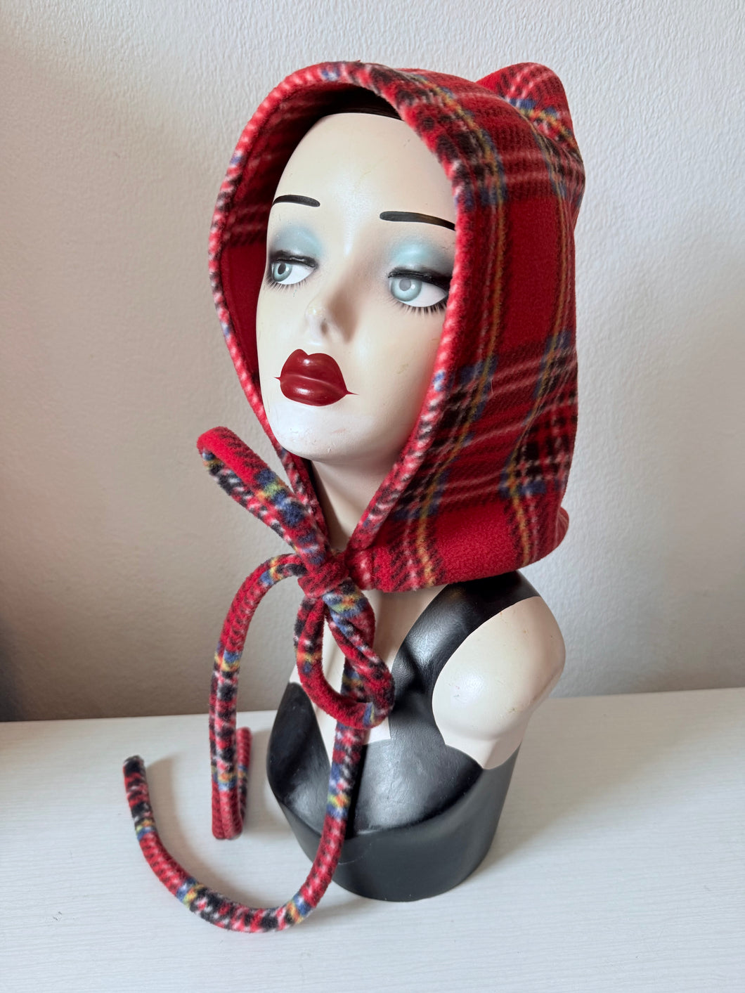 Red tartan pixie hood bonnet winter hat 