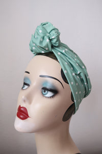 SALE ITEM: SMALL KNOT Mint Polka Dot (Full Coverage) 1940s Style Pre-tied Turban