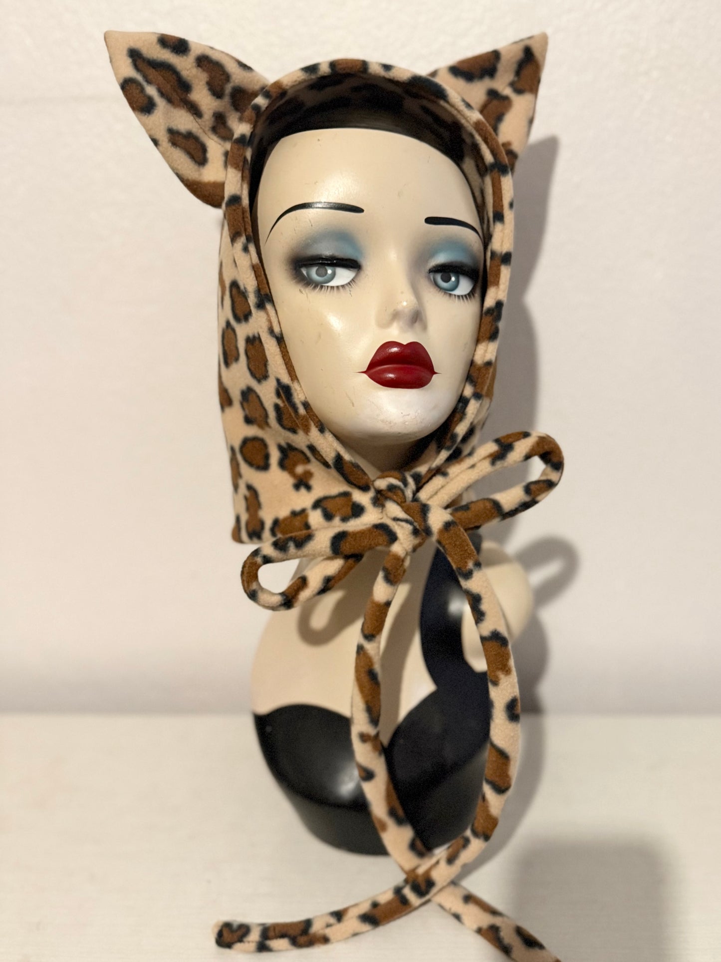 Cat Bonnet in Leopard Print or Black Fleece