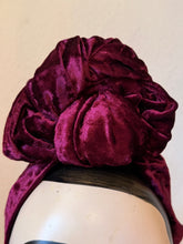 Load image into Gallery viewer, MADE TO ORDER: Magenta Crushed Velvet (Full Coverage) Pre-tied 1940s Turban OR Headband with Knot Choice