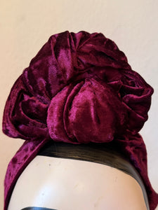 MADE TO ORDER: Magenta Crushed Velvet (Full Coverage) Pre-tied 1940s Turban OR Headband with Knot Choice