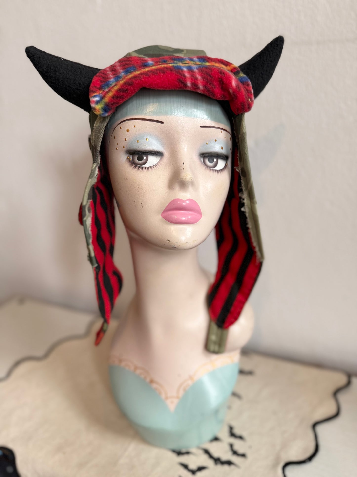 Green Camo/Red Stripe - Horned Aviator Cap