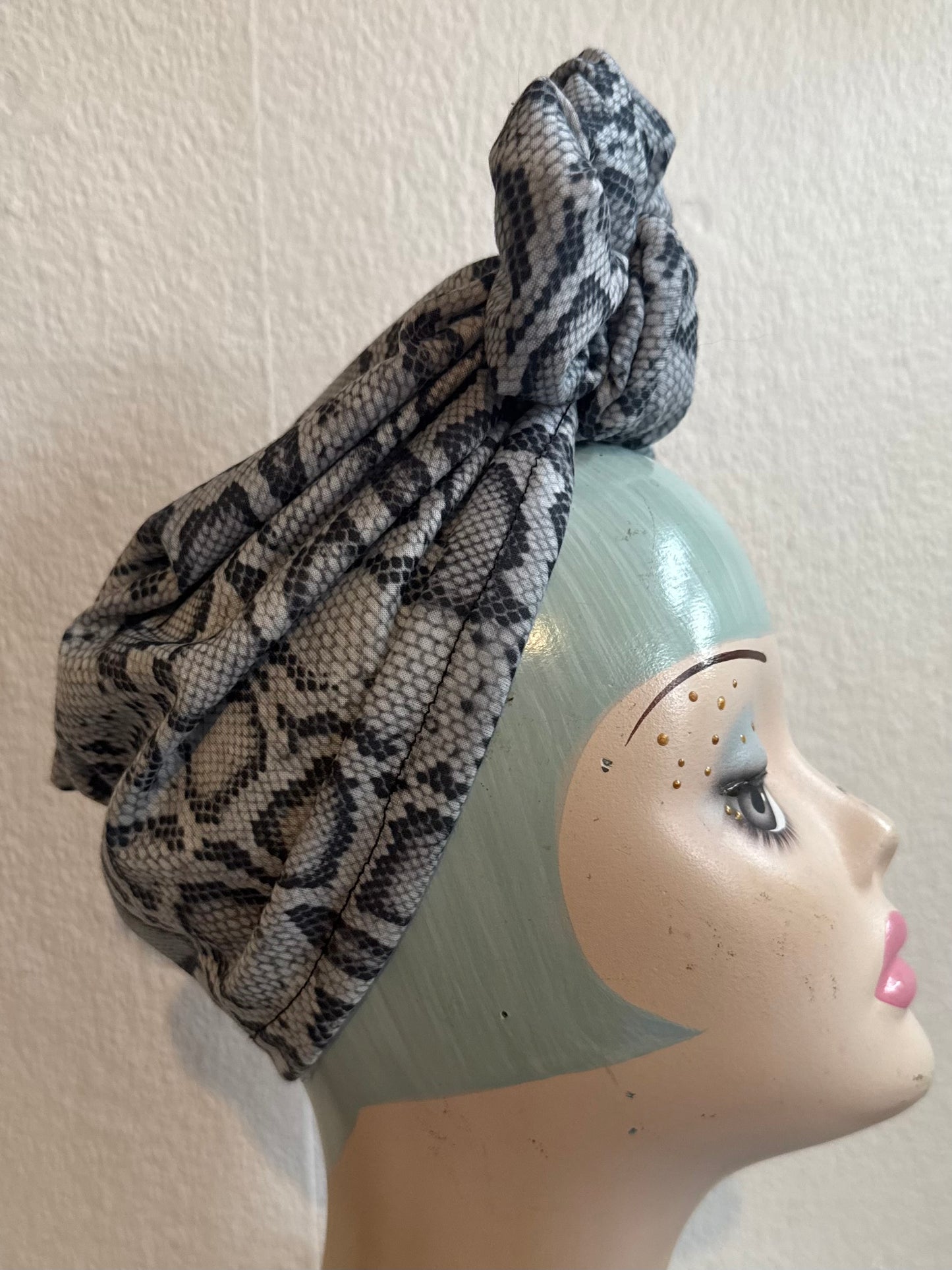50% OFF SALE ITEM: Grey Snake Print(Full Coverage) 1940s Style Pre-tied Turban with Small Knot