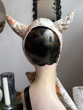 Load image into Gallery viewer, SARAH SPROUT COLLECTION:  ‘Little Devil’ Vintage Devil Horns Headband in Upcycled Autumnal Fabric