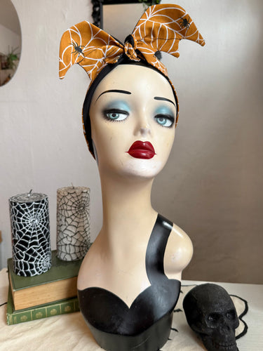 Bat Headscarf (self tie) in Orange/Mustard Spiderweb
