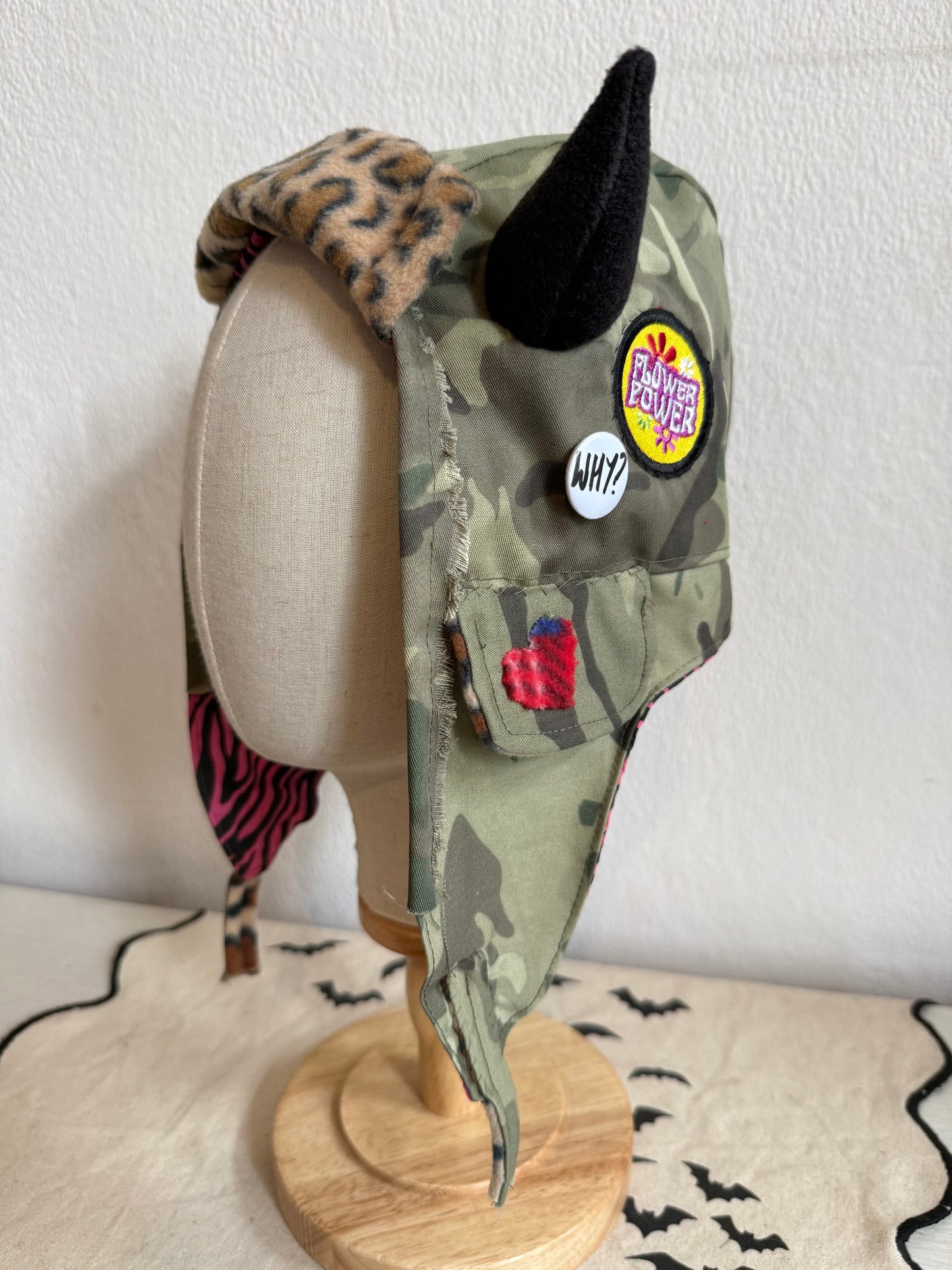 Green Camo/Pink Zebra - Horned Aviator Cap