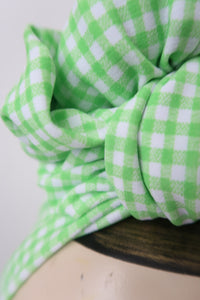 SALE ITEM: SMALL KNOT Green Gingham Jersey (Full Coverage) 1940s Style Pre-tied Turban