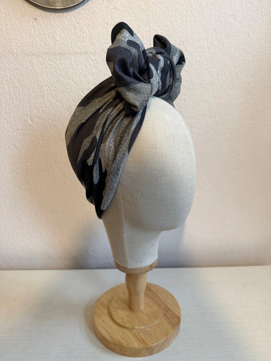 Camo Print (Full Coverage) 1940s Style Pre-tied Turban with Bow Knot