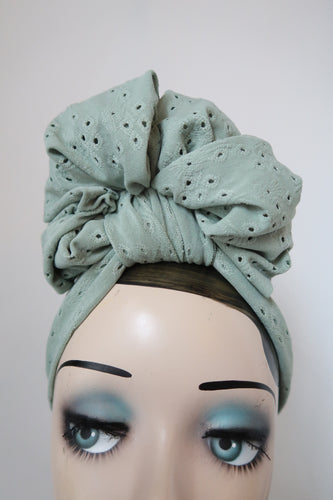 SCRUNCHIE KNOT Vintage Style Pre-tied Headband in Sage Broderie Anglaise