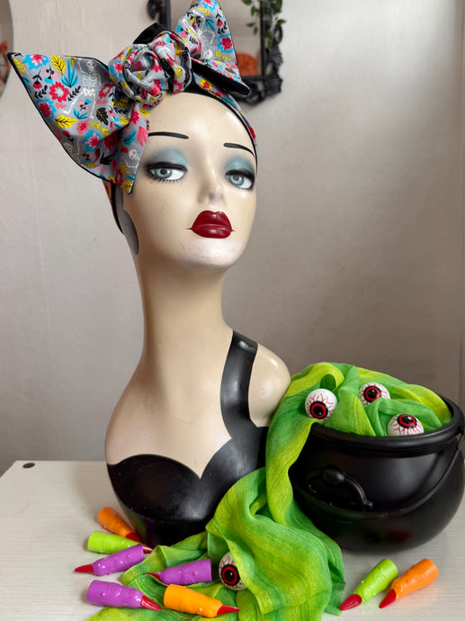 Mannequin head with Floral skeleton halloween print headscarf bandana 