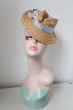 Load image into Gallery viewer, Handmade vintage straw hat with blue trim