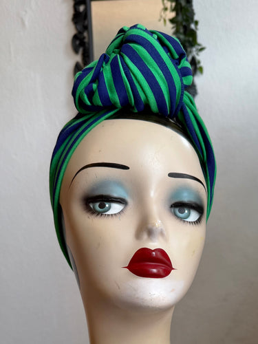 SECOND: SMALL KNOT Vintage Style Pre-tied Headband in Green & Navy Stripe