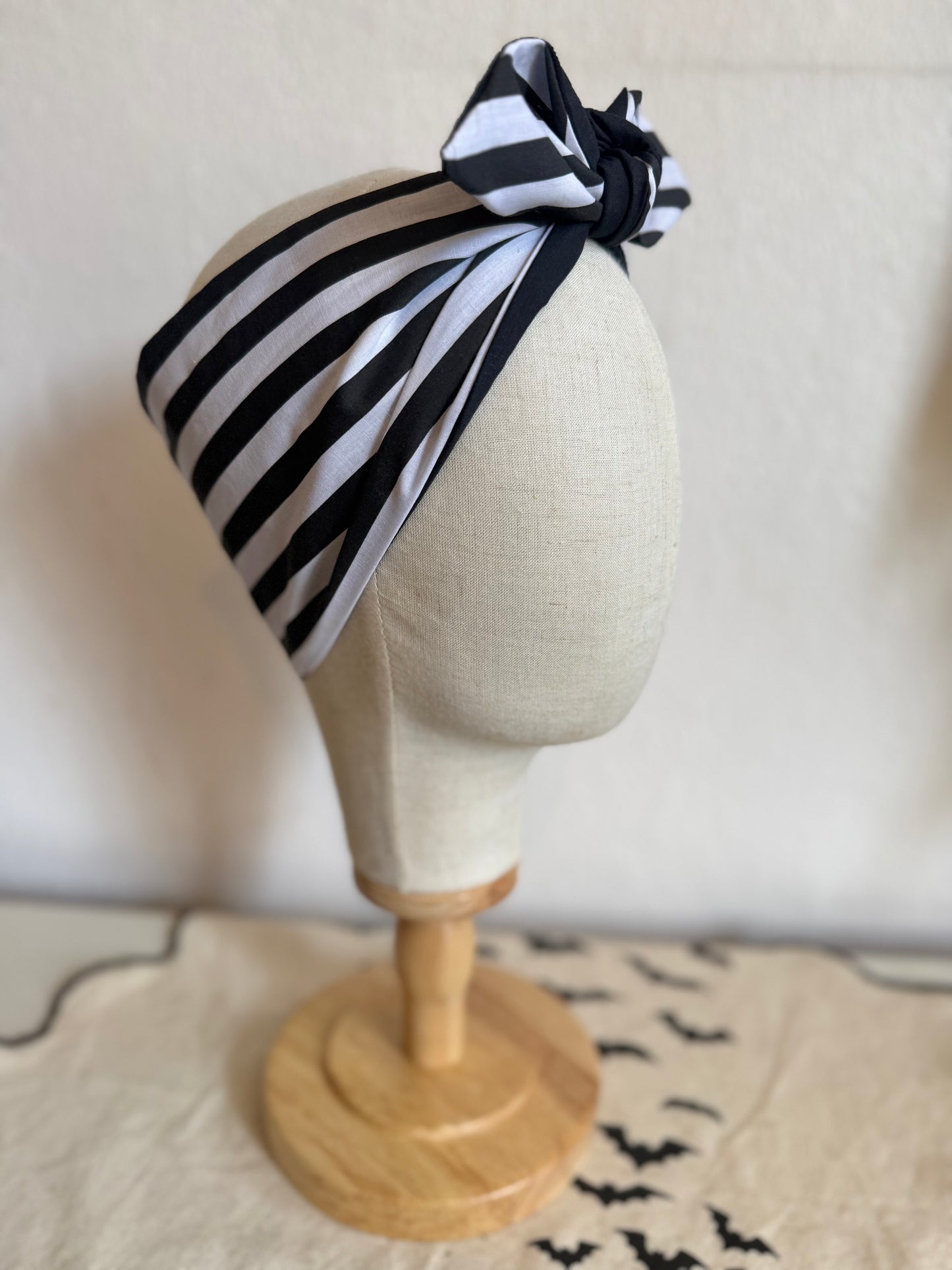 Black & white striped Sleepy Hollow print headscarf bandana