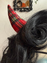 Load image into Gallery viewer, Mannequin head with black wig, red lipstick, and red devil horns against a neutral background.