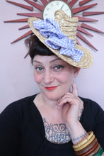 Load image into Gallery viewer, Woman wears a dramatic 1940s vintage style straw hat with lilac gingham ribbon 