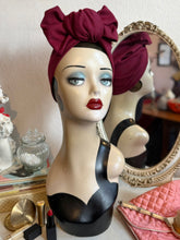 Load image into Gallery viewer, Wine Red Turban 1940s Pre-tied Stretchy Turban (full coverage) with Knot Choice