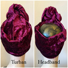 Load image into Gallery viewer, MADE TO ORDER: Magenta Crushed Velvet (Full Coverage) Pre-tied 1940s Turban OR Headband with Knot Choice