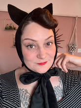 Load image into Gallery viewer, Woman wears a gothic black velvet cat ear headband 