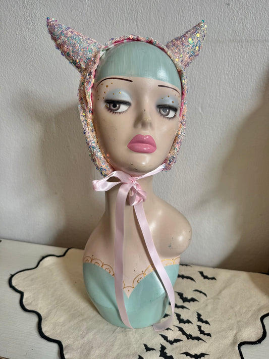 Iridescent Sparkly Devil Headpiece (pink/orange)