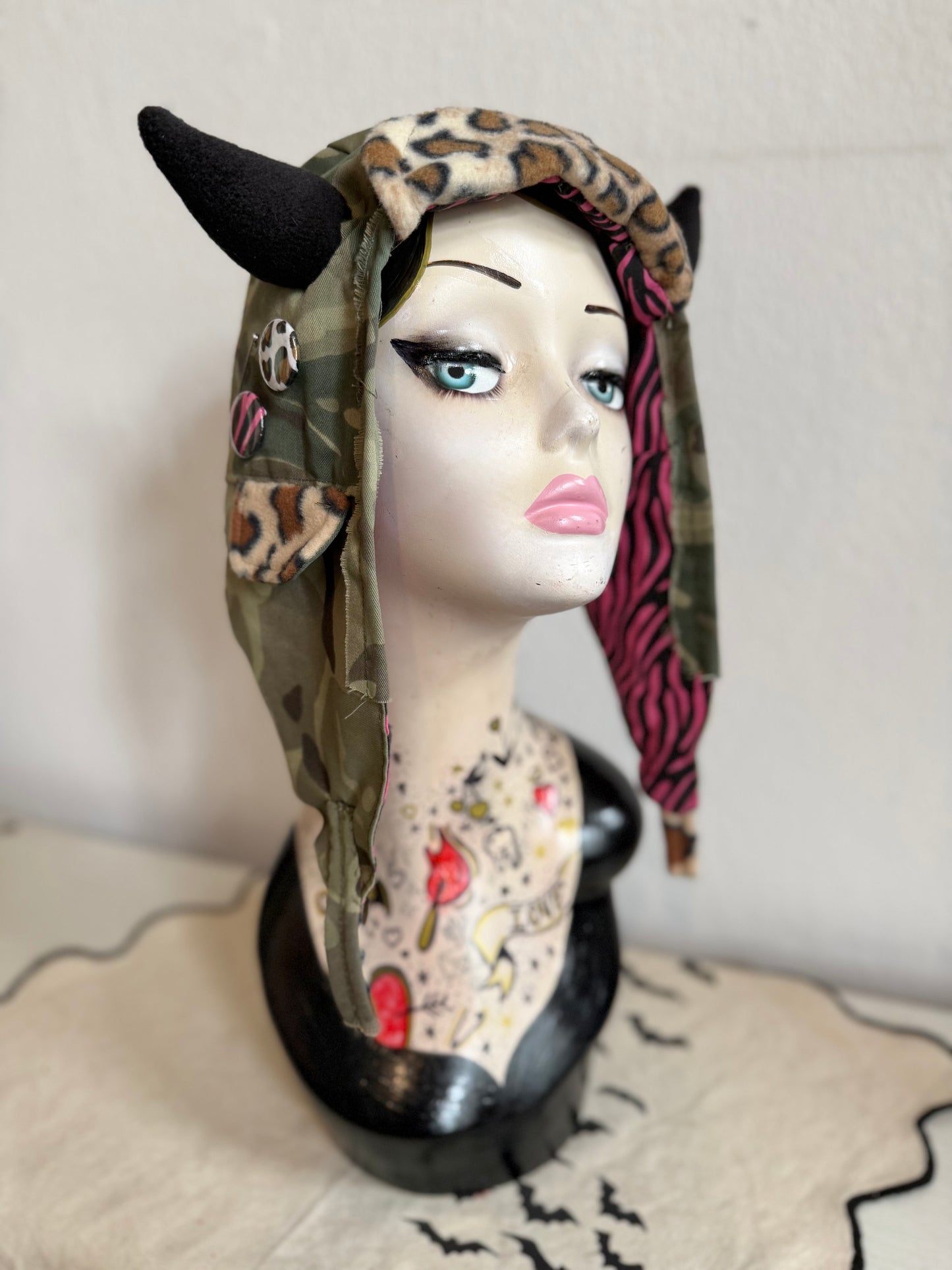 Green Camo/Pink Zebra - Horned Aviator Cap